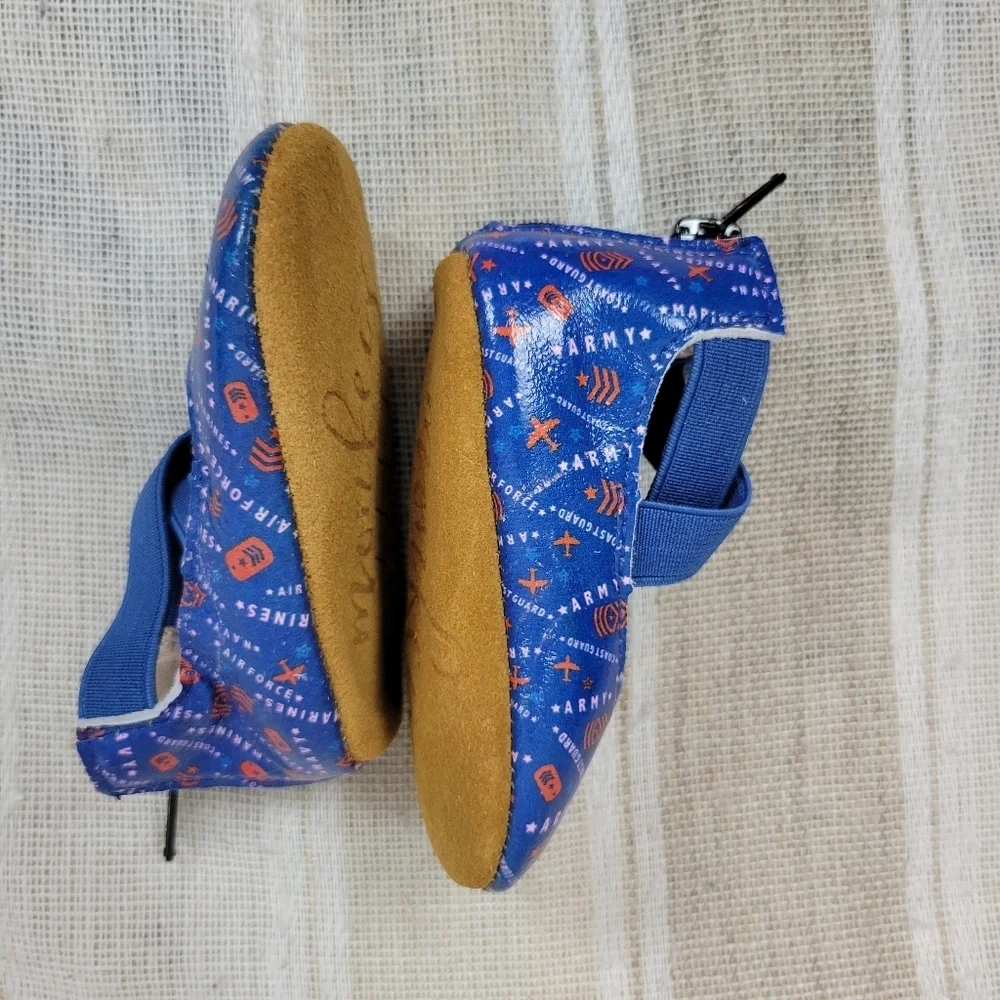 NEW Monkey Feet Ballerina Leather Moccasins Military Blue‎ Size 3-6 Months